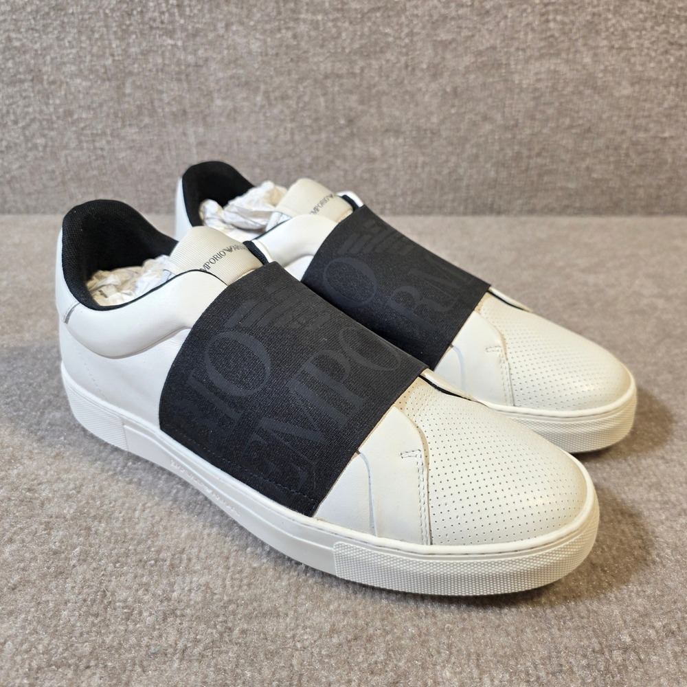 Emporio Armani Mens White Leather Logo Band Slip On Sneakers X4X537 XN773 Size 9